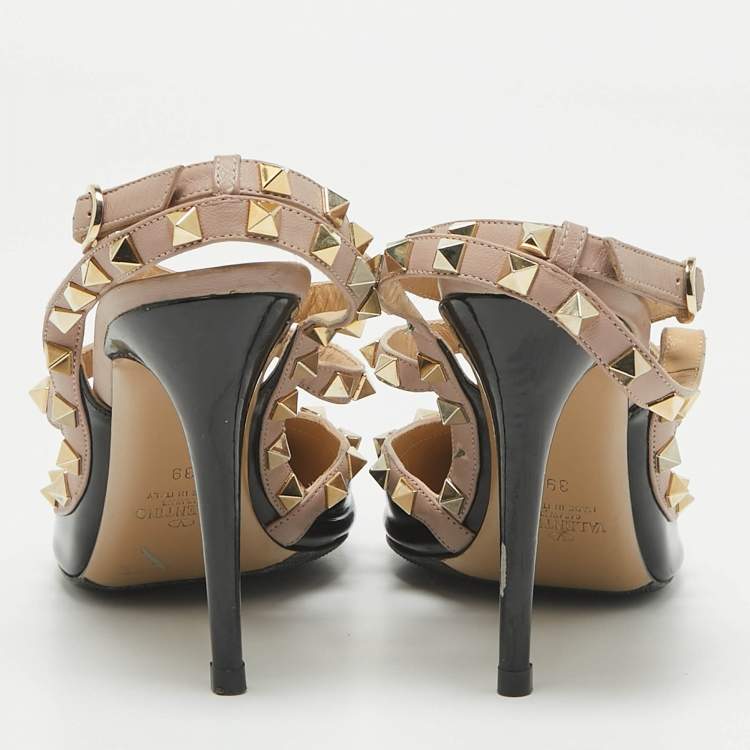 Pre Owned Valentino Black/Beige Leather and Patent Leather Rockstud Pumps Size 39