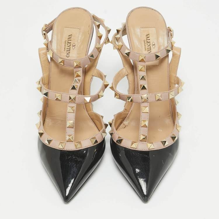 Pre Owned Valentino Black/Beige Leather and Patent Leather Rockstud Pumps Size 39