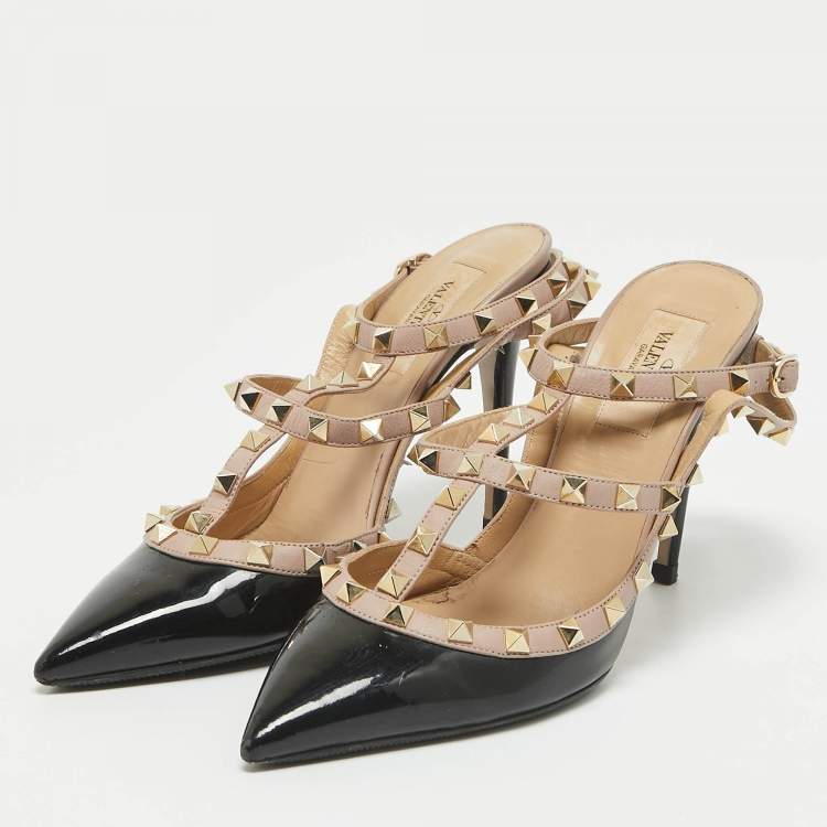 Pre Owned Valentino Black/Beige Leather and Patent Leather Rockstud Pumps Size 39