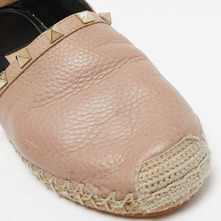 Pre Owned Valentino Dusty Pink Leather Rockstud Espadrille Flats Size 36