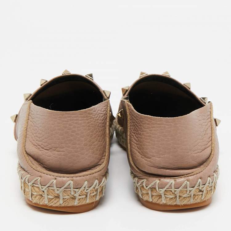 Pre Owned Valentino Dusty Pink Leather Rockstud Espadrille Flats Size 36