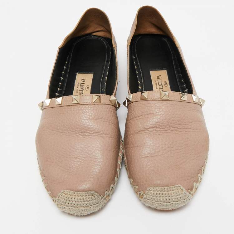 Pre Owned Valentino Dusty Pink Leather Rockstud Espadrille Flats Size 36