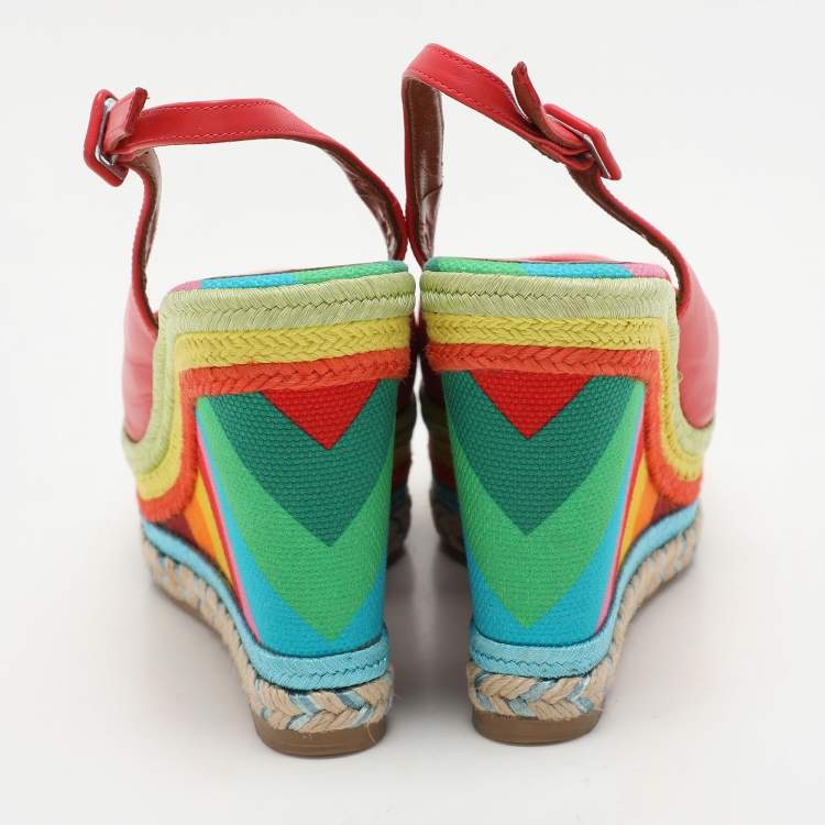 Pre Owned Valentino Red Leather Peep Toe Slingback Rainbow Wedge Sandals Size 38.5