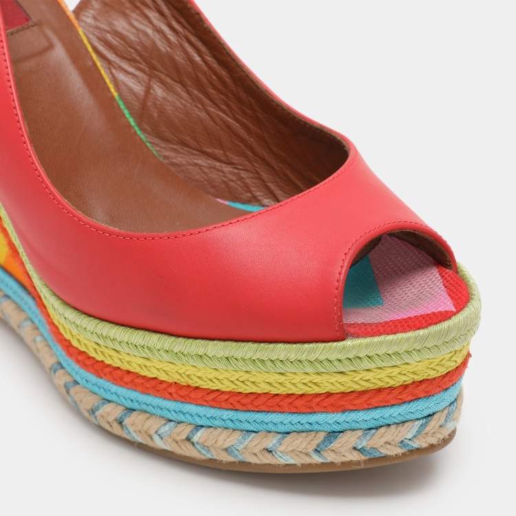 Pre Owned Valentino Red Leather Peep Toe Slingback Rainbow Wedge Sandals Size 38.5