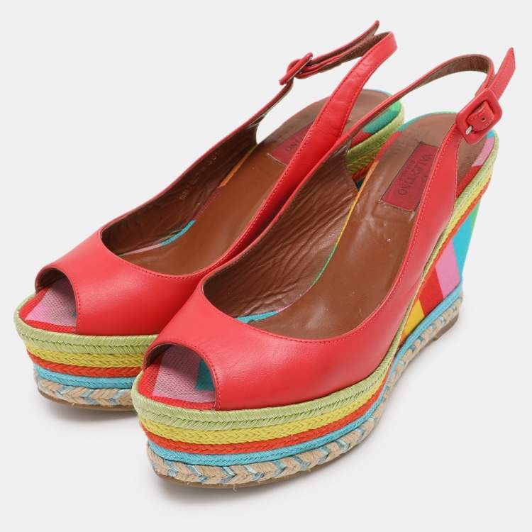 Pre Owned Valentino Red Leather Peep Toe Slingback Rainbow Wedge Sandals Size 38.5
