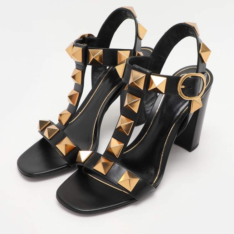 Pre Owned Valentino Black Leather Roman Stud Ankle Strap Sandals Size 40