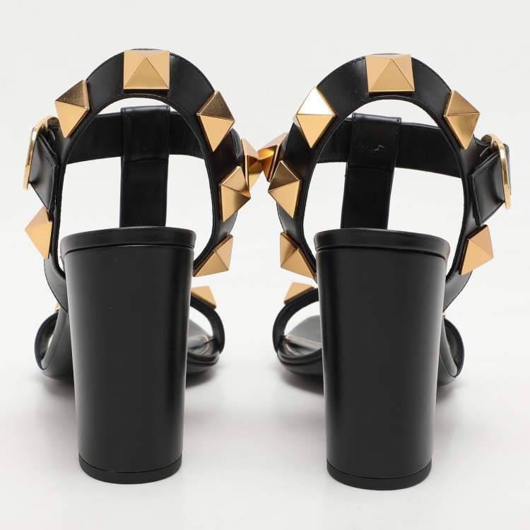 Pre Owned Valentino Black Leather Roman Stud Ankle Strap Sandals Size 40
