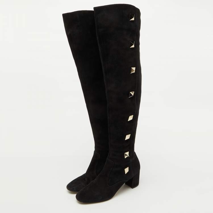 Pre Owned Valentino Black Suede Rockstud Block Heel Knee Length Boots Size 40