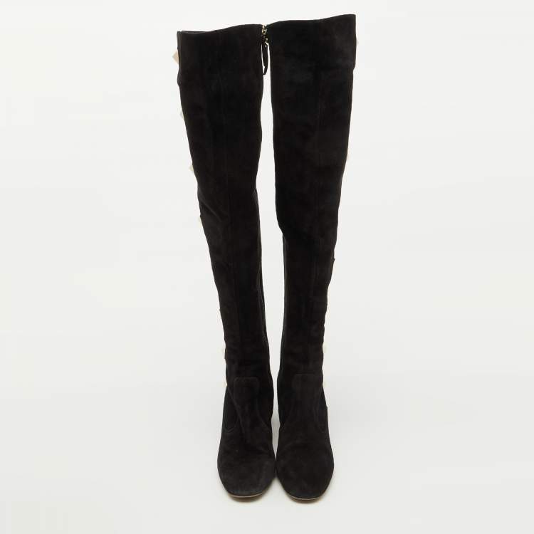 Pre Owned Valentino Black Suede Rockstud Block Heel Knee Length Boots Size 40
