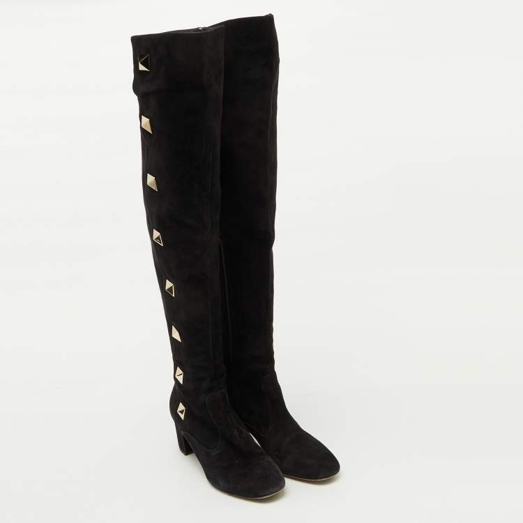 Pre Owned Valentino Black Suede Rockstud Block Heel Knee Length Boots Size 40