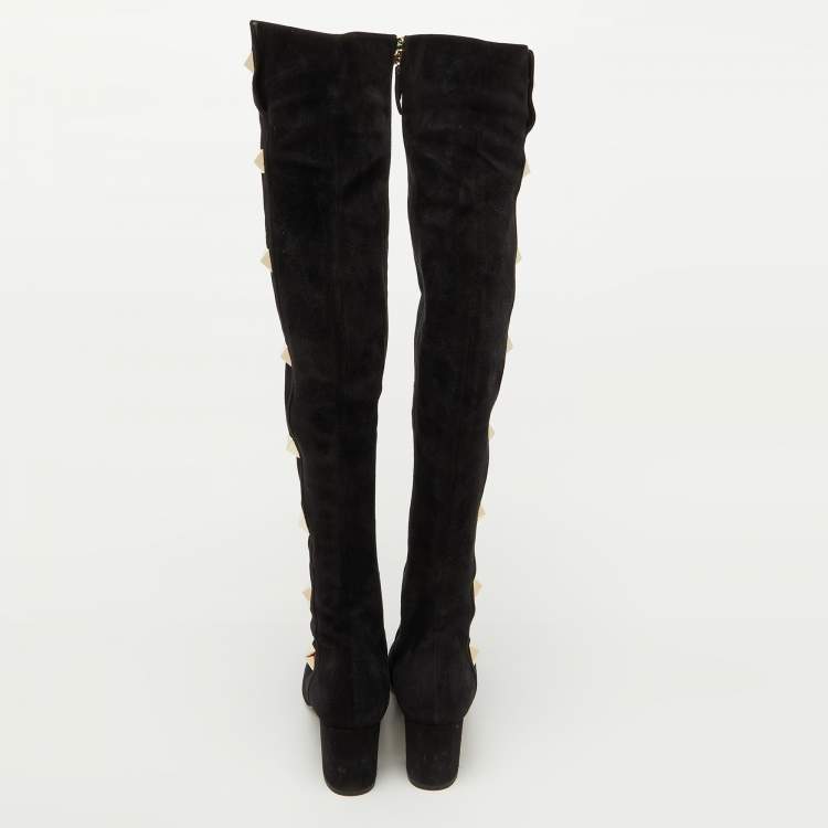 Pre Owned Valentino Black Suede Rockstud Block Heel Knee Length Boots Size 40