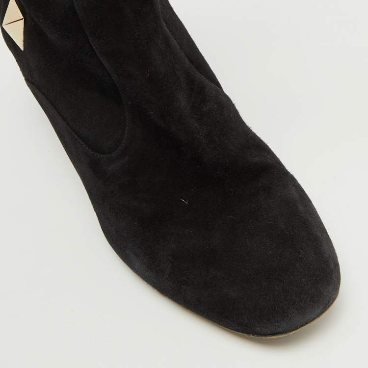 Pre Owned Valentino Black Suede Rockstud Block Heel Knee Length Boots Size 40