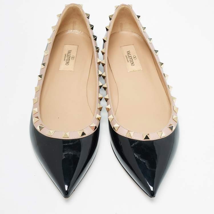 Pre Owned Valentino Black/Beige Patent Leather Rockstud Ballet Flats Size 40