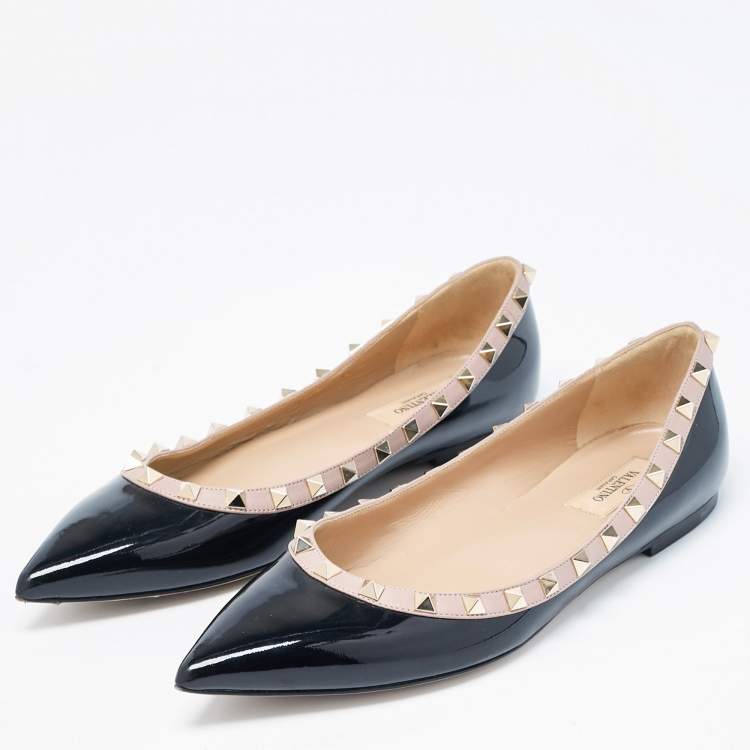 Pre Owned Valentino Black/Beige Patent Leather Rockstud Ballet Flats Size 40
