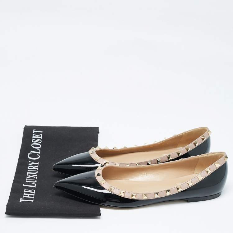 Pre Owned Valentino Black/Beige Patent Leather Rockstud Ballet Flats Size 40