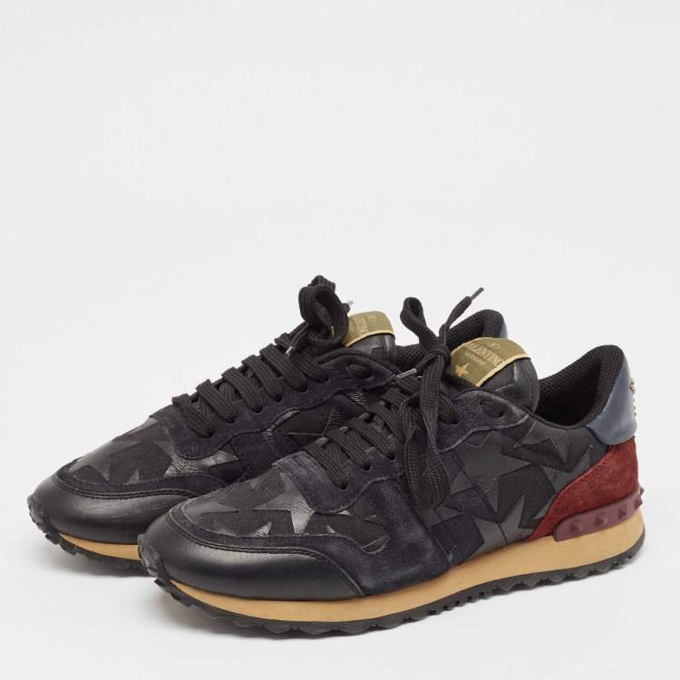 Pre Owned Valentino Black/Burgundy Leather and Suede Rockrunner Low Top Sneakers Size 40