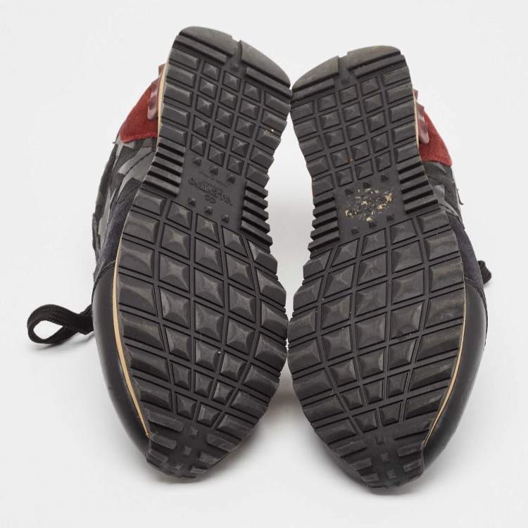 Pre Owned Valentino Black/Burgundy Leather and Suede Rockrunner Low Top Sneakers Size 40