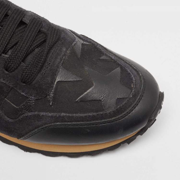 Pre Owned Valentino Black/Burgundy Leather and Suede Rockrunner Low Top Sneakers Size 40