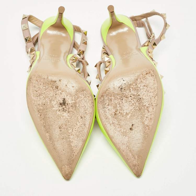 Pre Owned Valentino Green/Beige Pink Leather Rockstud Ankle Strap Pumps Size 38.5