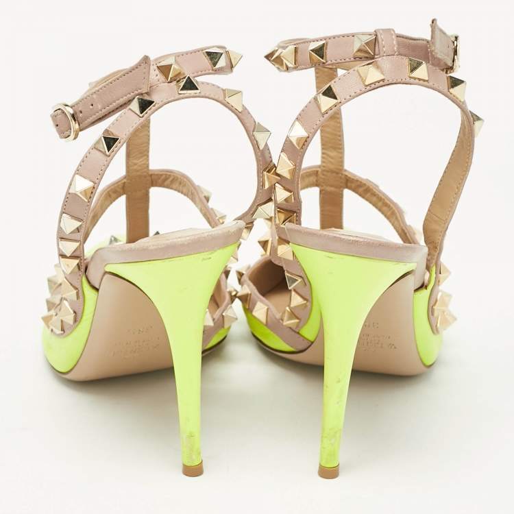 Pre Owned Valentino Green/Beige Pink Leather Rockstud Ankle Strap Pumps Size 38.5