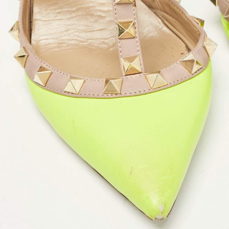 Pre Owned Valentino Green/Beige Pink Leather Rockstud Ankle Strap Pumps Size 38.5