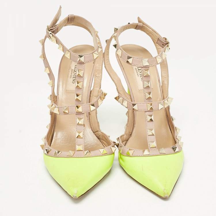 Pre Owned Valentino Green/Beige Pink Leather Rockstud Ankle Strap Pumps Size 38.5
