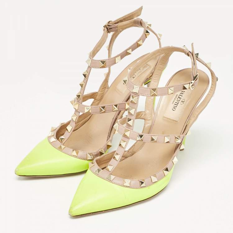 Pre Owned Valentino Green/Beige Pink Leather Rockstud Ankle Strap Pumps Size 38.5