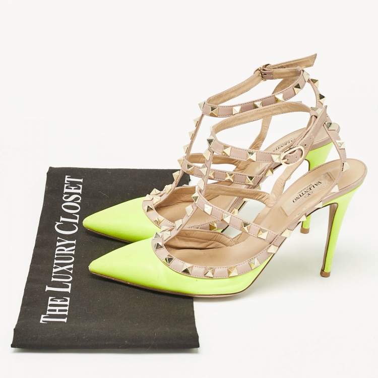 Pre Owned Valentino Green/Beige Pink Leather Rockstud Ankle Strap Pumps Size 38.5