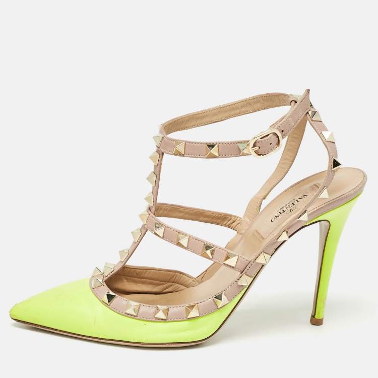 Pre Owned Valentino Green/Beige Pink Leather Rockstud Ankle Strap Pumps Size 38.5