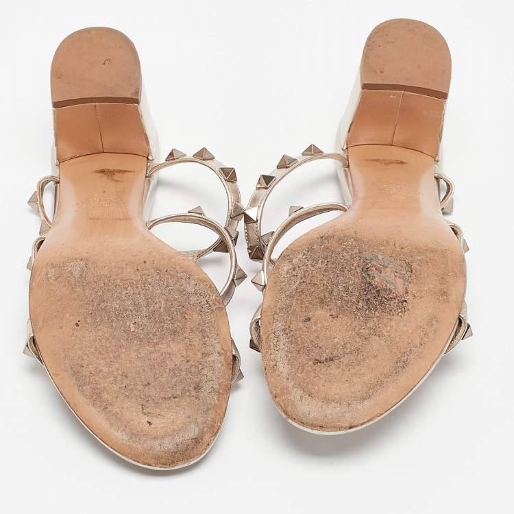 Pre Owned Valentino Metallic Leather Rockstud Slide Sandals Size 38