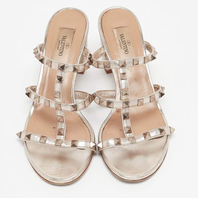 Pre Owned Valentino Metallic Leather Rockstud Slide Sandals Size 38