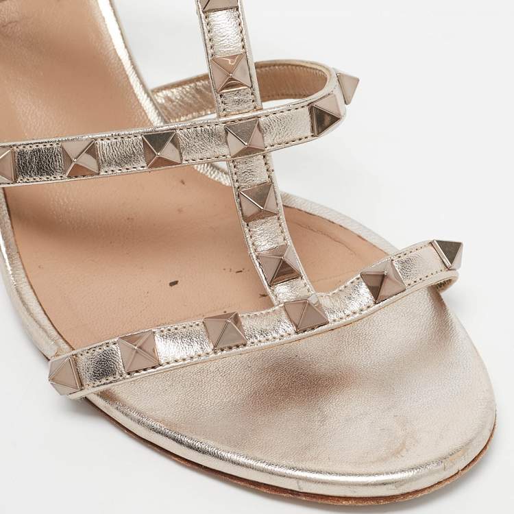 Pre Owned Valentino Metallic Leather Rockstud Slide Sandals Size 38