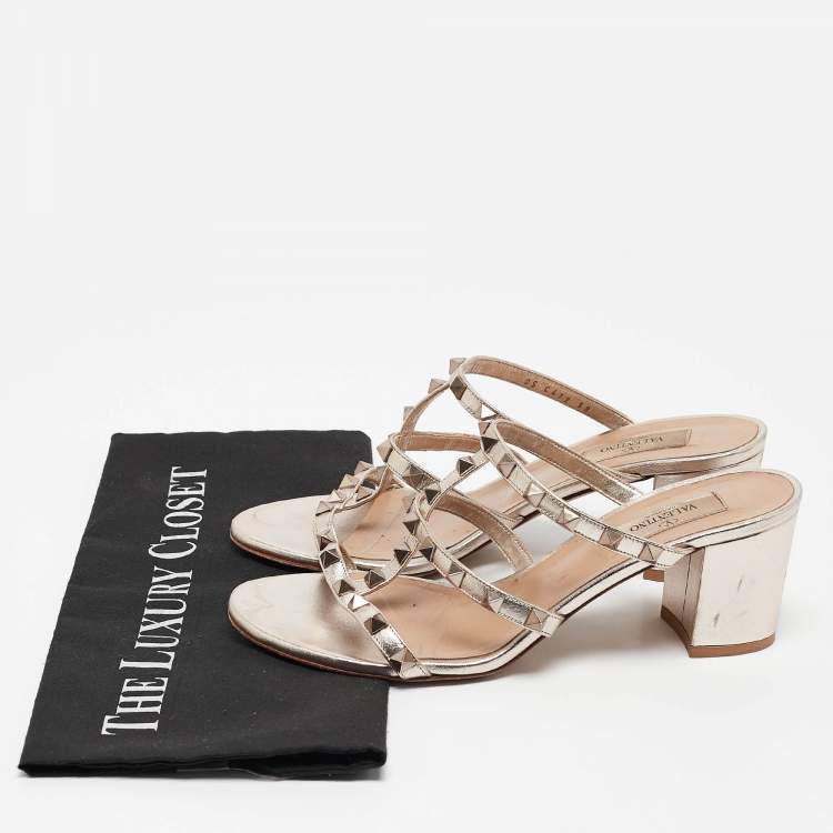 Pre Owned Valentino Metallic Leather Rockstud Slide Sandals Size 38