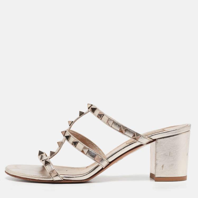 Pre Owned Valentino Metallic Leather Rockstud Slide Sandals Size 38