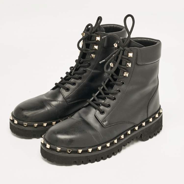 Pre Owned Valentino Black Leather Rockstud Ankle Boots Size 40