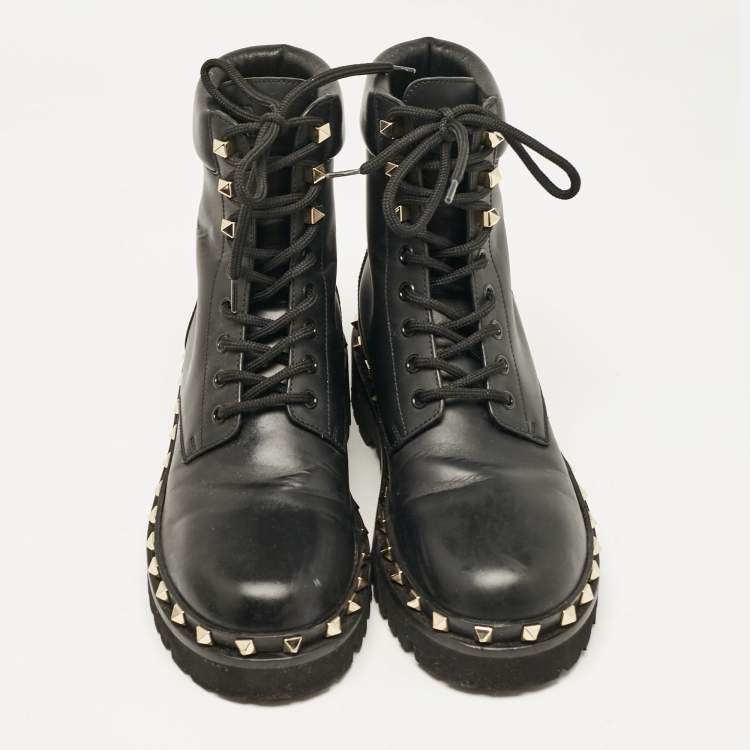 Pre Owned Valentino Black Leather Rockstud Ankle Boots Size 40