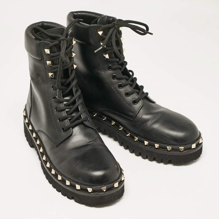Pre Owned Valentino Black Leather Rockstud Ankle Boots Size 40