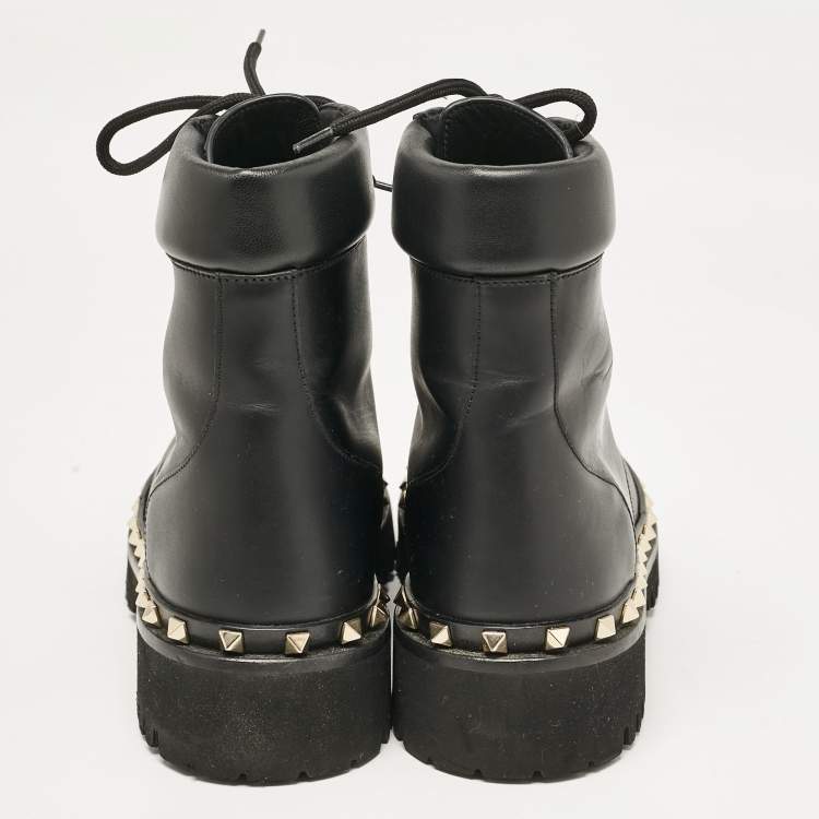 Pre Owned Valentino Black Leather Rockstud Ankle Boots Size 40