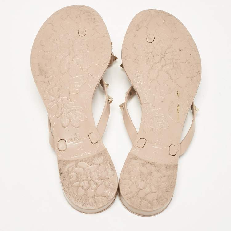 Pre Owned Valentino Beige Rubber Bow Rockstud Thong Flats Size 41