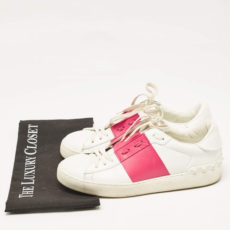 Pre Owned Valentino White/Red Leather Rockstud Lace Up Sneakers Size 39