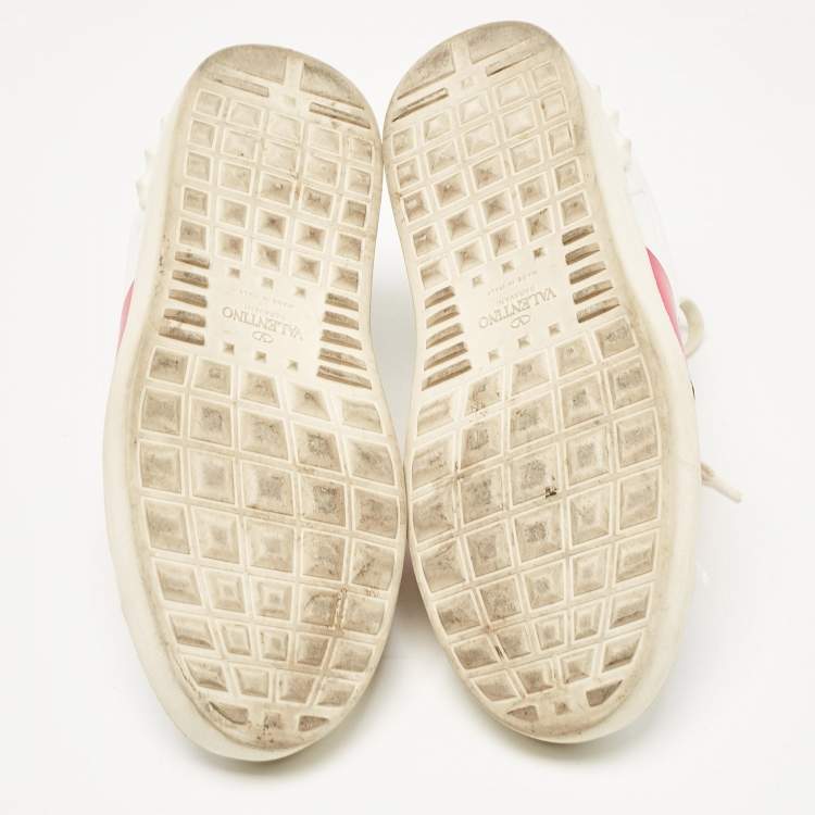 Pre Owned Valentino White/Red Leather Rockstud Lace Up Sneakers Size 39