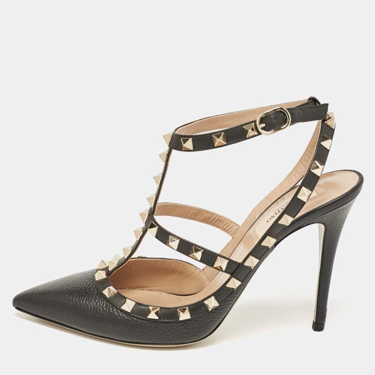 Pre Owned Valentino Black Leather Rockstud Ankle Strap Cage Sandals Size 40