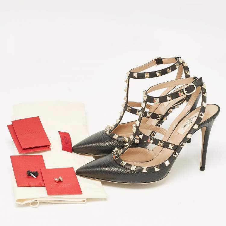 Pre Owned Valentino Black Leather Rockstud Ankle Strap Cage Sandals Size 40