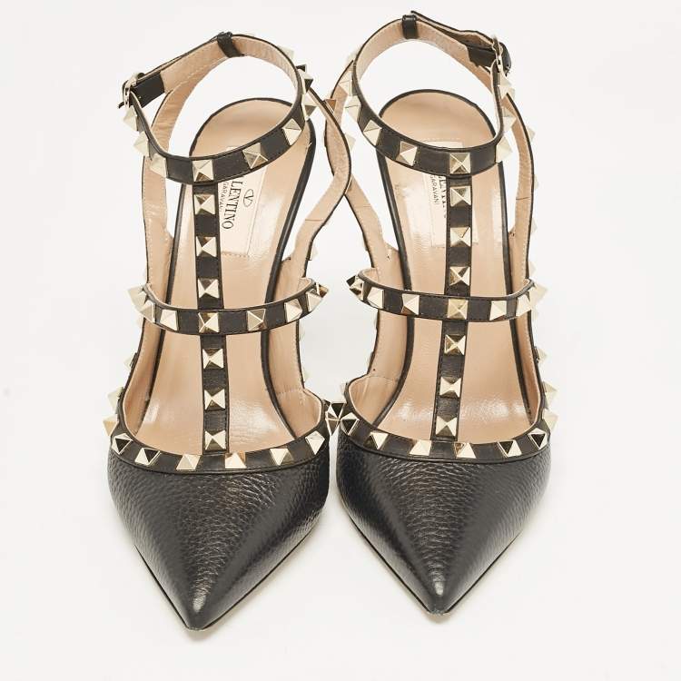 Pre Owned Valentino Black Leather Rockstud Ankle Strap Cage Sandals Size 40