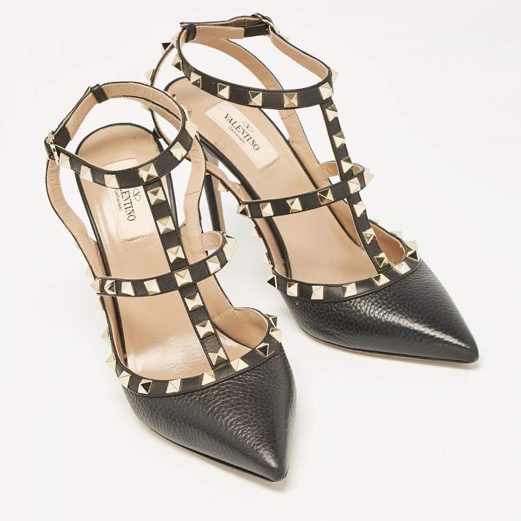 Pre Owned Valentino Black Leather Rockstud Ankle Strap Cage Sandals Size 40