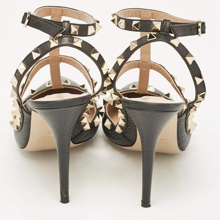 Pre Owned Valentino Black Leather Rockstud Ankle Strap Cage Sandals Size 40