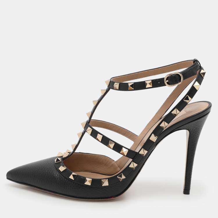 Pre Owned Valentino Black Leather Rockstud Ankle Strap Sandals Size 42.5