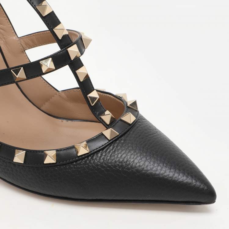 Pre Owned Valentino Black Leather Rockstud Ankle Strap Sandals Size 42.5