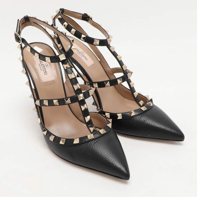 Pre Owned Valentino Black Leather Rockstud Ankle Strap Sandals Size 42.5
