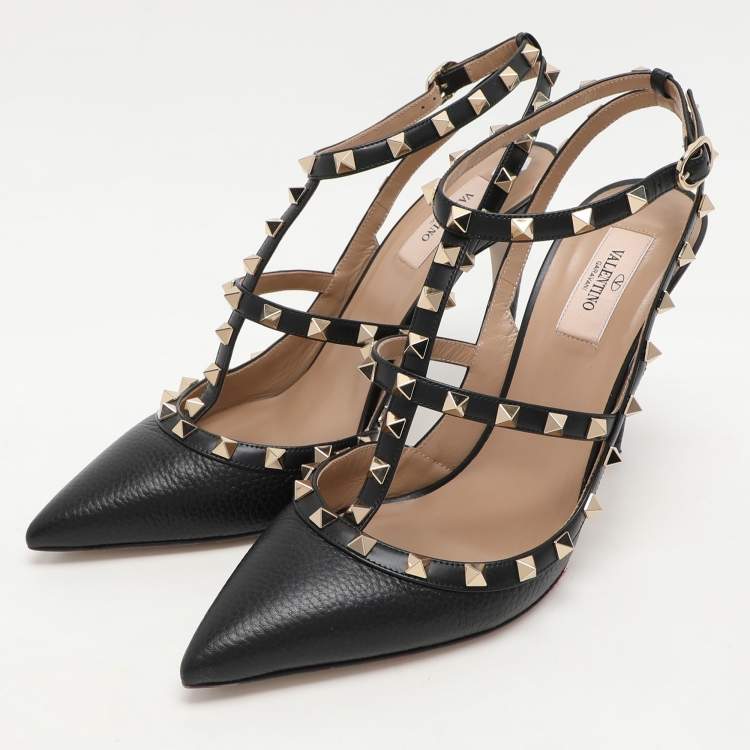 Pre Owned Valentino Black Leather Rockstud Ankle Strap Sandals Size 42.5
